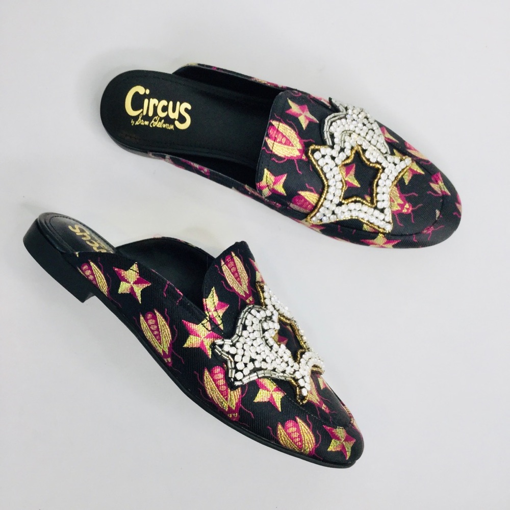 Circus by Sam Edelman Mules beetle rhinestone star embellished tapestry mules
